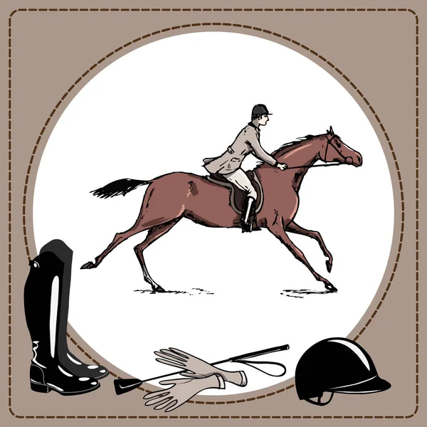 Equitación hípica caballo jinete Inglaterra estilo carrera. Derby en marco de cuero y herramienta de tachuela de equitación. Botas negras y látigo, casco y guantes . — Archivo Imágenes Vectoriales