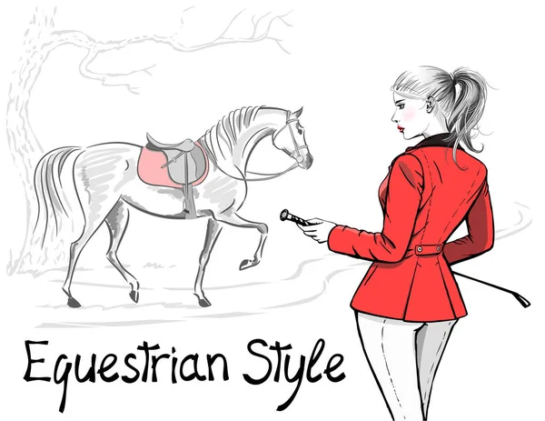 Belle femme de mode avec veste rouge de style de chasse sportive équestre anglaise et cheval avec selle . — Image vectorielle