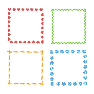 El çizimi kare komik çerçeveler. Renkli dikdörtgen süslü tasarım öğesi tebeşir veya kalem gibi çocuğun çizilmiş doodle Stil kümesi. Vektör sanat inme satır başlığı kenarlık, şablon, kopya alan arka plan