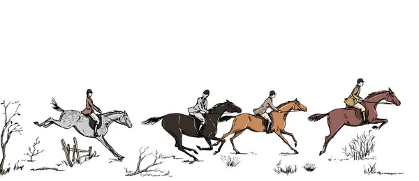 Equestrian sport fox hunting with horse riders english style on landscape. — Stock Vector
