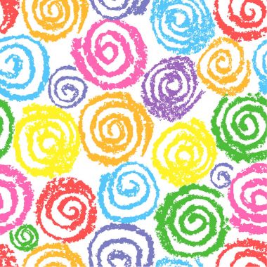 Pastel renkli el sarmal helix daireler desen çizimi. Çocuğun çiziminin çok renkli gibi komik öğeleri yuvarlak. Balmumu, pastel tebeşir veya kalem sorunsuz vektör çocuksu arka plan.