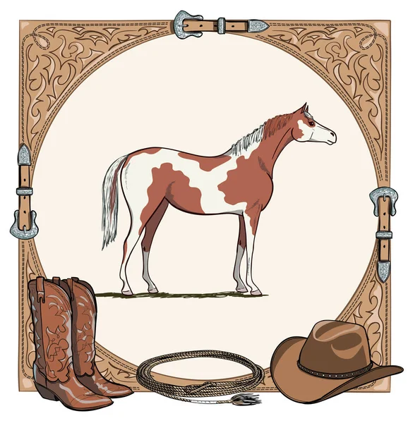 Cowboy Horse Equine Riding Tack Tool Western Leather Belt Frame — Stock Vector