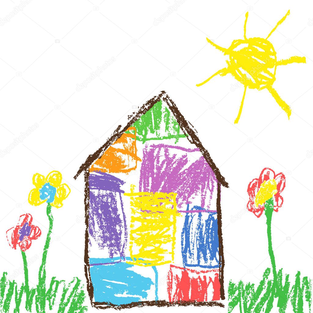 Crayon or pencil like child`s hand drawn house, grass, colorful flowers and sun. Pastel chalk like kid`s hand painting cute spring and summer meadow. Vector artistic stroke style background banner.