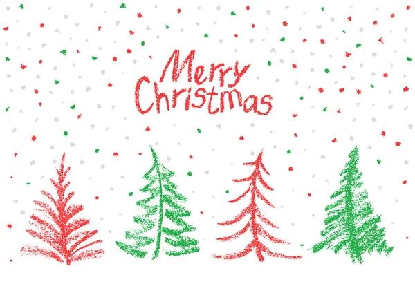 Weihnachtsbaumsatz Und Fallende Schneeflocken Auf Weiß Wie Kinderzeichnung Lustiges Rot — Stockvektor