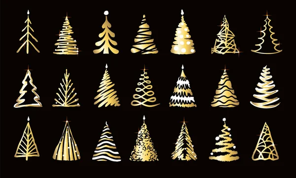 Handgezeichnetes Goldenes Funkelndes Doodle Weihnachtsbaumset Viele Gruppe Glänzende Silhouette Mit — Stockvektor