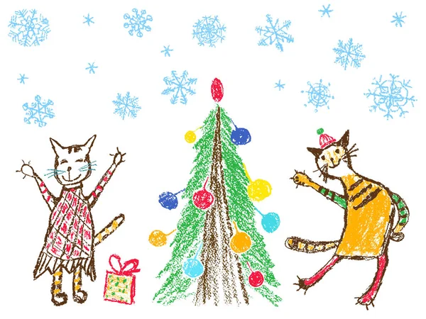 Wie Kinderhand Weihnachtsbaum Und Lustige Junge Und Sie Mädchen Gestromte — Stockvektor