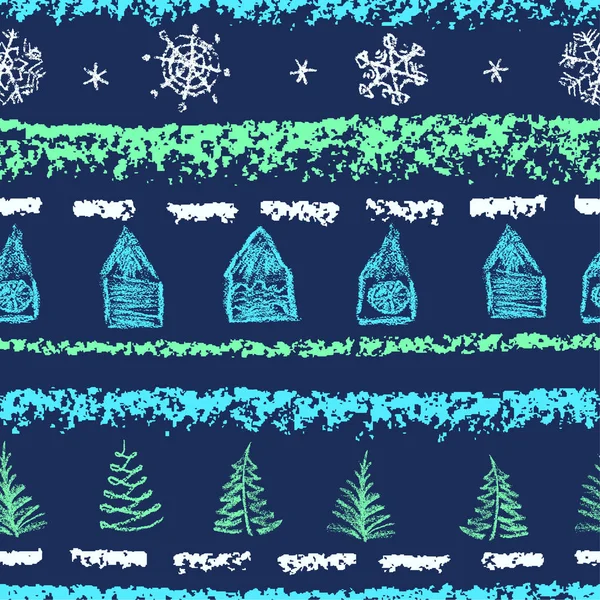 Handgezeichnetes Weihnachtsnahtlos Gestreiftes Muster Mit Grunge Schneeflocke Baum Haus Künstlerischem — Stockvektor