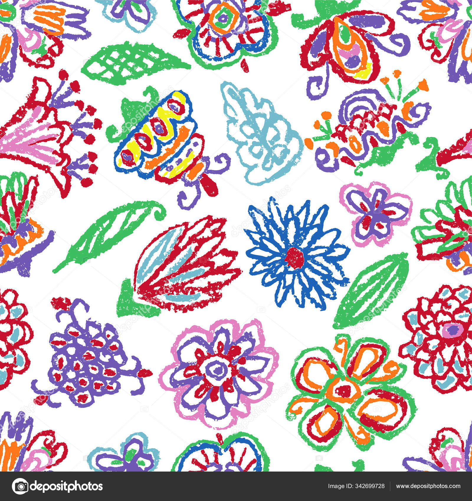 热带奇幻的花无缝图案蜡笔画像小孩的手绘酸色彩艳丽的花朵背景夏天的花或丛林中植物矢量粉笔生动的草地 图库矢量图像 C Larisa Zorina