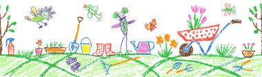 Bahçe setindeki kusursuz sınır arkaplan bahçe aletleri. Çocuk eli çizim afişi gibi. Pastel boya çocuk sanatı basit komik kalem vektör çiçeği, kürek, el arabası. Karalama kuşları ve böcekler. Çiçek açan canlı bitki