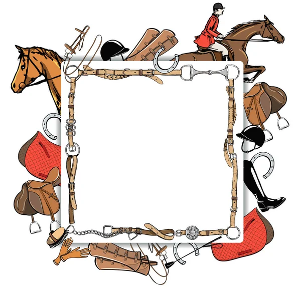 Paardensport Paard Stijl Banner Template Steeplechase Ruiters Lederen Riem Frame — Stockvector