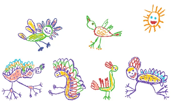 热带奇异的涂鸦鸟 动物或昆虫集合体 蜡笔画像小孩的手画了五颜六色的明亮有趣的丛林飞行怪物 生动的植物 矢量粉笔或铅笔般的童心艺术 — 图库矢量图片