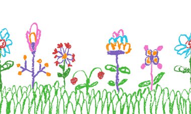 Pastel boyacı çocuğun eli beyaz üzerine yeşil çimen çizilmiş renkli çiçekler. Kusursuz yatay sınır deseni. Doodle sanat ilkbahar ve yaz çayırları. Vektör pastel tebeşirle basit arkaplan pankartı