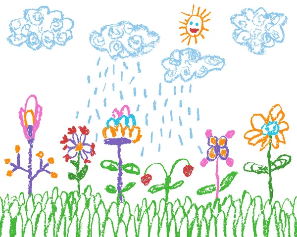 Zsírkréta Gyerekek Kézzel Rajzolt Színes Virág Zöld Fehér Felhő Eső — Stock Vector