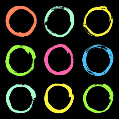 Yuvarlak şekilli parlak renkli tasarım elementleri siyaha ayarlandı. Grunge desenli komik daire kopyalama alanı. El çizimi daire çerçeveleri arka plan. Vektör basit şablon, yüzey.