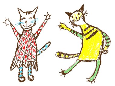 Komik o çocuk ve kadın elbiseli kız tekir iki kedi. Mum mum boya çocuğun el gibi dans eden yavru kedi gülümseyen şirin çizilmiş. Pastel tebeşir veya kalem çizgi art kontur kediler çocuklar. Vektör sanatsal doodle basit Evcil hayvan