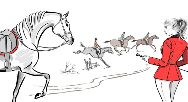 美丽的时尚女子与英国马术运动狐狸狩猎风格的骑马骑手 英国风景障碍传统车手女孩 矢量手绘时尚女士模型与鞭子和头发尾巴 — 图库矢量图片