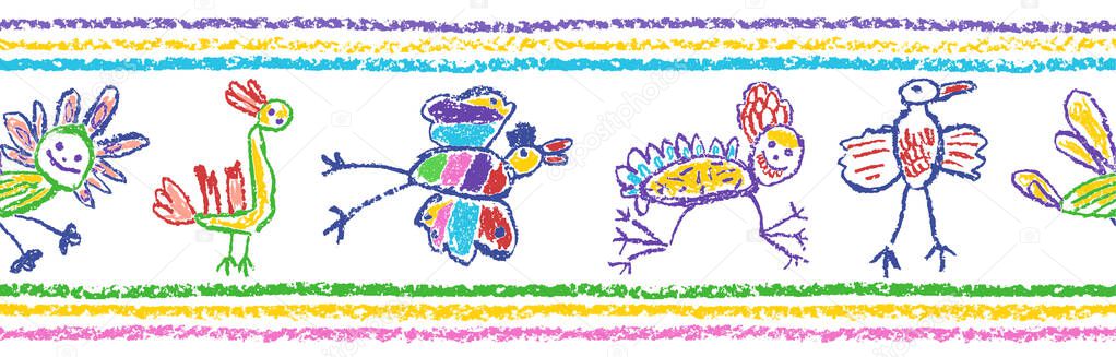 Seamless border, pattern or frame funny tropical crazy doodle birds animal or insect set. Crayon like kids hand drawn colorful bright jungle flying monsters. Vector pastel chalk or pencil child art