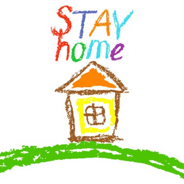 Evde kal, akılda kalıcı, gösterişli afiş. Coronavirus Covid-19 karantina motivasyon pankartı. Aile, çocuklar içeride. Çocuk eli gibi sakince resim çizmeye devam et. Salgın devam ediyor. El yazısı güvenli. 