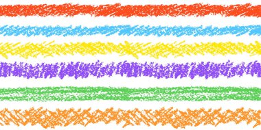 Pastel el, sanatsal sınır ya da kusursuz çizgiler çiziyor. Renkli pastel tebeşir veya kalem darbeleri seti. Çocuk tasarım unsurları gibi. Vektör grunge doku çizgileri arkaplanı.