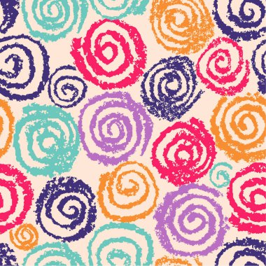 Çılgın el sarmal sarmal daireler çiziyor. Çocukların çok renkli komik yuvarlak elementler çizmesi gibi. Pastel tebeşir ya da kalem vektörü çocuksu salyangoz karalaması komik renkli basit arkaplan.