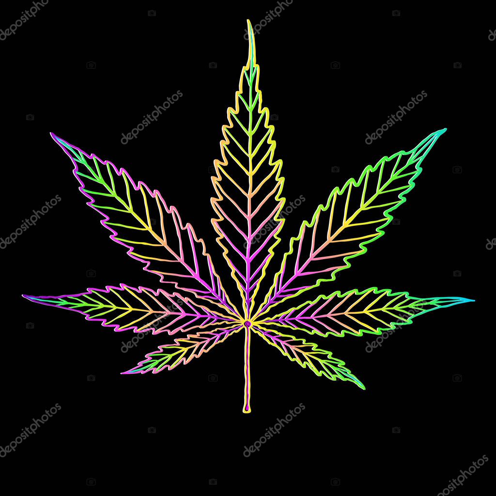 Cannabis colorful leaf isolated on black. Shape or silhouette herbal nature symbol. Vector doodle cartoon hand drawing bright rainbow multicolor logo marijuana or ganja plant. Line art.