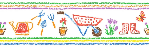 Απρόσκοπτη Σύνορα Μοτίβο Πλαίσιο Αστεία Doodle Κηπουρική Εργαλεία Που Crayon — Διανυσματικό Αρχείο
