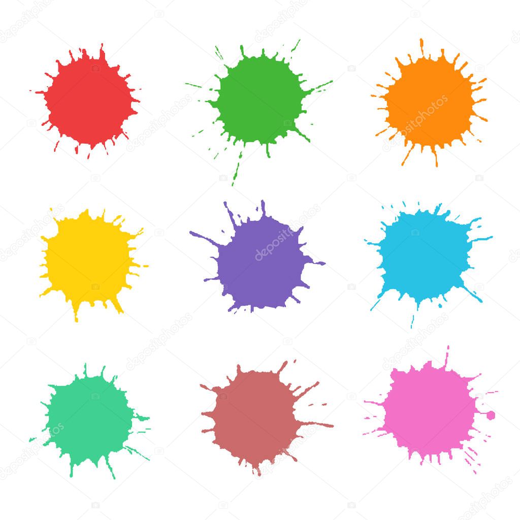 Paint blots set. Colorful funny hand drawn round spots design elements. Icons or bottoms circle stain background. Vector drop or blob banner copy space. Like kids painting watercolor