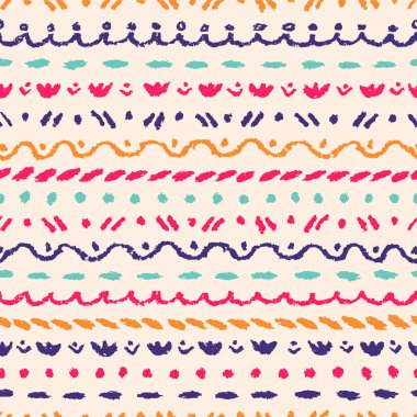 Pastel el el etnik sınır çiziyor ya da kusursuz çizgili yerli desen. Pastel tebeşir ya da kalem darbeleri. Çocuk tasarım unsurları gibi. Şirin vektör dokusu freehand satır arkaplanı