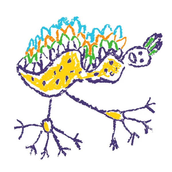 熱帯狂気の幻想的な落書き鳥の動物や昆虫 子供の手のようなクレヨンはカラフルな明るい面白いジャングルの飛行モンスターを描いた 鮮やかな笑顔のキャラクター ベクトルパステルチョークや鉛筆の子供のような芸術 — ストックベクタ