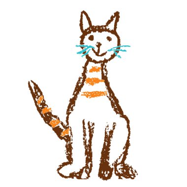 Komik kırmızı tekir oturup gülümseyen kedi. Pastel boya, çocuk eli gibi çizilmiş şirin kedi resmi gibi. Pastel tebeşir ya da kalem darbesi. Çocuğun serbest çizim karikatürü. Vektör sanatsal karalama basit evcil hayvan