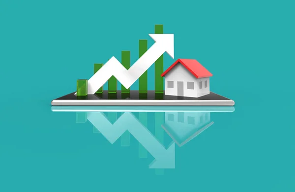 Wachstumsimmobilienkonzept. Geschäftsdiagramm und Haus auf dem Handy. 3D-Illustration. — Stockfoto