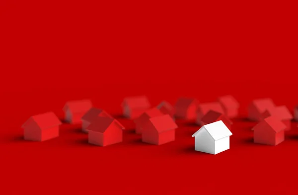 ぼやけた家のグループは、赤の背景に隔離された。3Dイラスト. — ストック写真