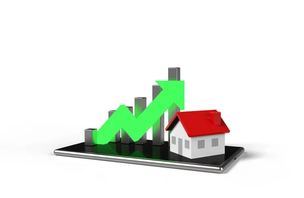 Wachstumsimmobilienkonzept. Geschäftsdiagramm und Haus auf dem Handy. 3D-Illustration. — Stockfoto