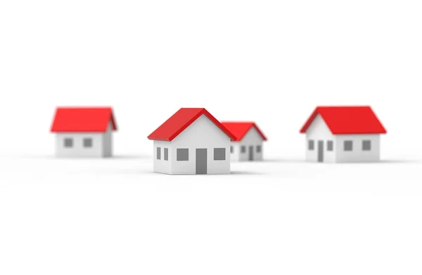 Gruppo di case sfocate isolate su sfondo bianco. Illustrazione 3D . — Foto Stock