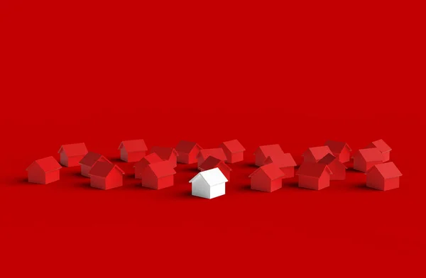 Ομάδα θολή σπίτι απομονώνονται σε κόκκινο φόντο. 3d εικονογράφηση. — Φωτογραφία Αρχείου