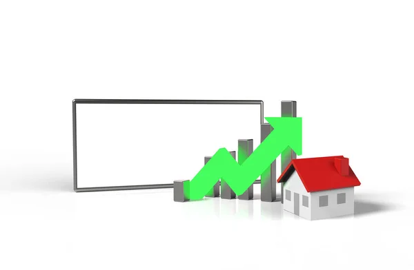 Wachstumsimmobilienkonzept. Geschäftsdiagramm mit Haus und leerem Bildschirm Mobiltelefon. 3D-Illustration. — Stockfoto