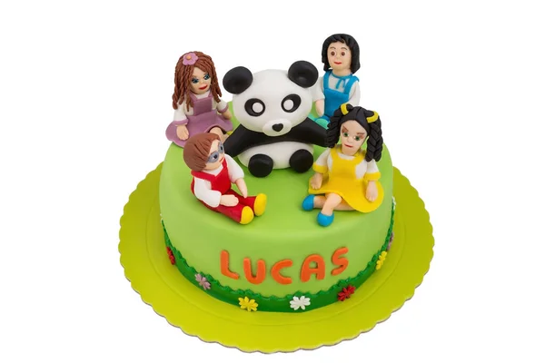 Hermoso Pastel Para Niños Con Las Muñecas Los Niños Panda — Foto de Stock