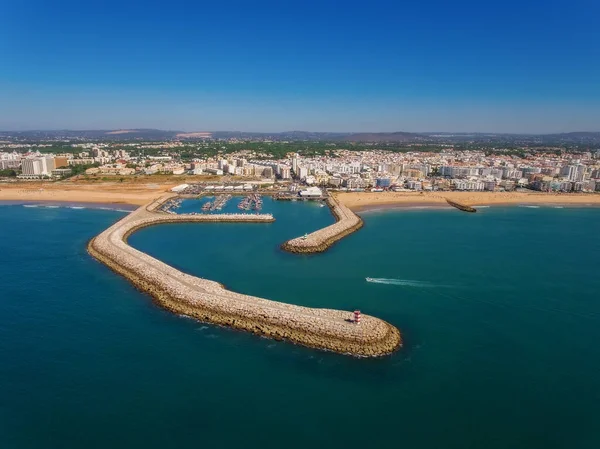 Quarteira Nın Balıkçı Limanı Plajları Gökyüzünün Manzarası Havadan Portekiz Balık — Stok fotoğraf