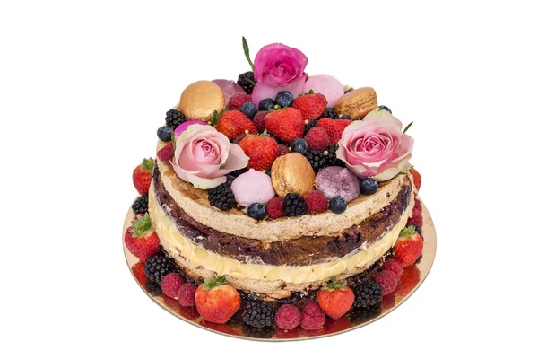 Gâteau Aux Fruits Fête Jour Naissance Sur Fond Blanc — Photo