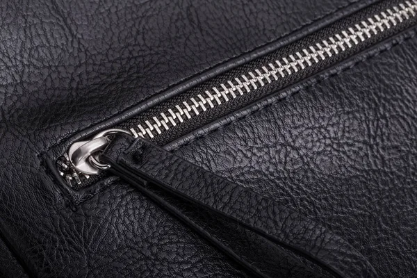 Metal Zipper Leather Bag Close Macro — Stock Photo, Image