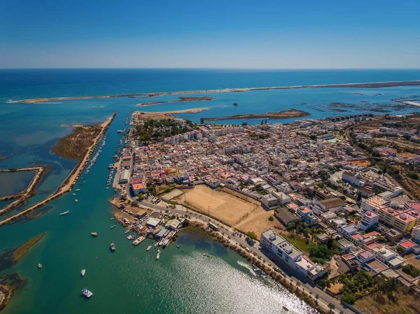 Flygfoto Över Fuzeta Med Kust Och Bryggor Algarve Portugal — Stockfoto