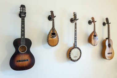 Duvarda antik müzik aletleri var..