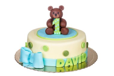 Bir çocuğun doğum günü için harika bir pasta. - Bir yıl. Kapat.