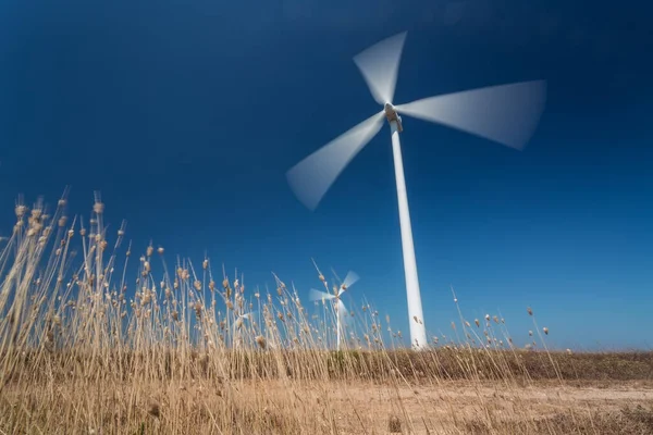 Generatory Wiatrowe Ruchu Dołu Trawa Pierwszym Planie Portugalia — Zdjęcie stockowe