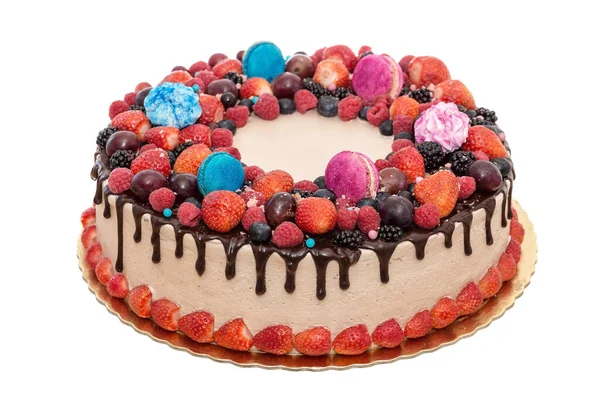Delicioso Pastel Frutas Con Bayas Chocolate Cumpleaños — Foto de Stock