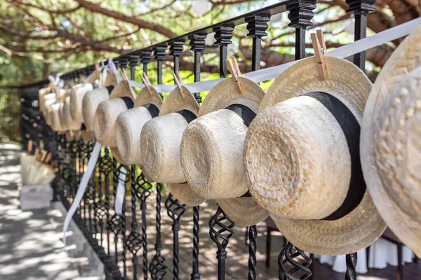 Sombreros Paja Para Decoración Bodas Fense Close — Foto de Stock