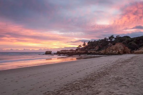 Röd Magisk Solnedgång Stranden Oura Albufeira Portugal Algarve — Stockfoto