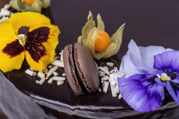 Nahaufnahme Von Schokolade Marshmallow Kuchen Und Physalis — Stockfoto