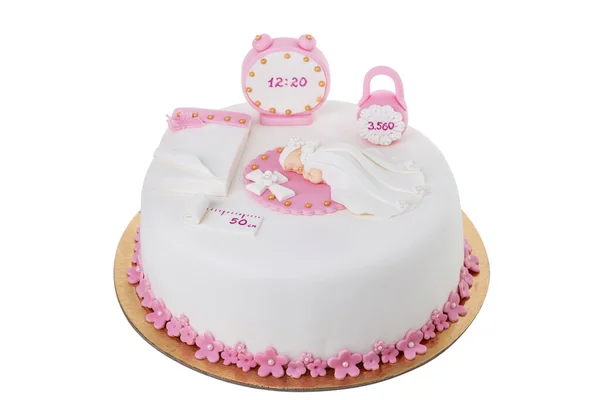 Köstlicher Kuchen Für Das Taufmädchen Auf Weißem Hintergrund — Stockfoto