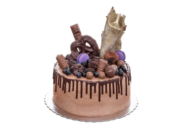 Шоколадный Торт Шоколадом День Рождения Белом Фоне — стоковое фото